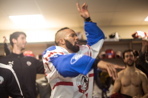 In the Lyon locker room, the team and staff celebrate their victory. The Lyon Lions won the French Cup for the first time in their history. They faced the reigning French champions, the Rapaces of Gap, in the final. AccorHotels Arena. Paris, France - January 28, 2018.?Dans le vestiaire de Lyon, les joueurs et le staff f