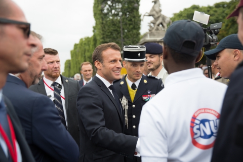  The President of the Republic, Emmanuel Macron greets young people engaged in a civic service contract and others engaged in universal national service after the parade of Bastille day. Place de la Concorde, Paris. France. July 14, 2019. Photography by Hugo Lebrun / Hans Lucas.Apres le defile du 14 juillet, le president de la republique Emmanuel Macron salue des jeunes engages dans un contrat de service civique et d autres dans un service national universel. Place de la Concorde, Paris. France. 14 juillet 2019. Photographie de Hugo Lebrun Hans Lucas.